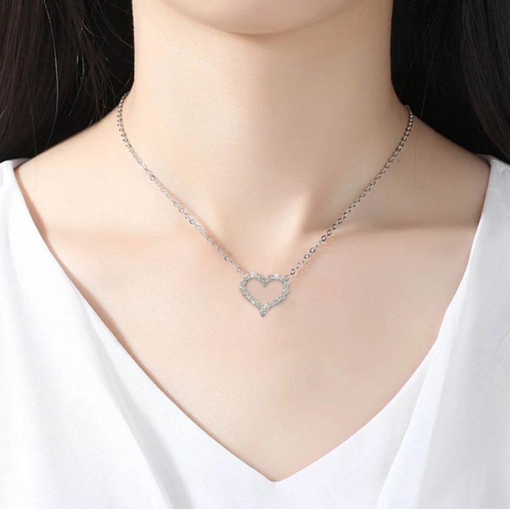 Micro Pave CZ Heart Pendant Necklace Silver - Picture 3 of 6